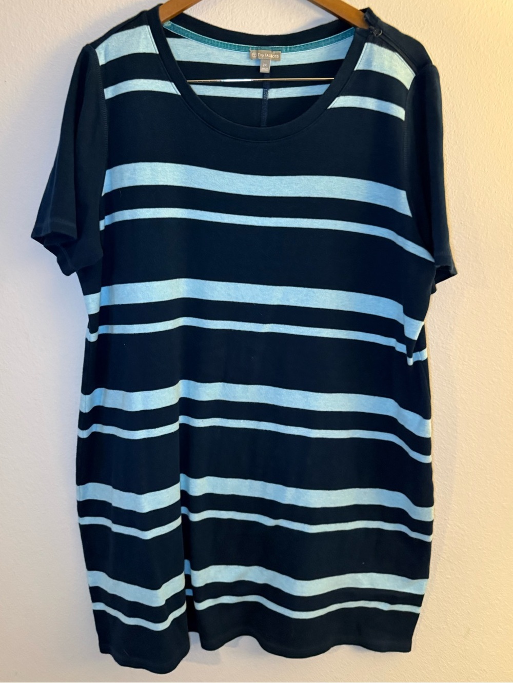 Talbots Navy and Light Blue Striped Short Sleeve Tee Dress with Crew Neck
